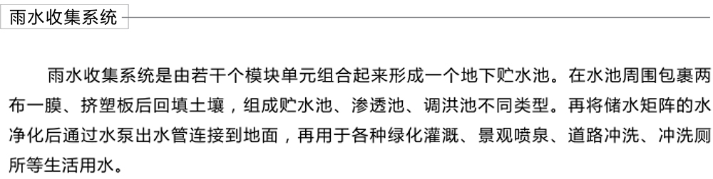 雨水回收利用系统、面源污染处理系统、屋顶绿化系统、智慧海绵系统